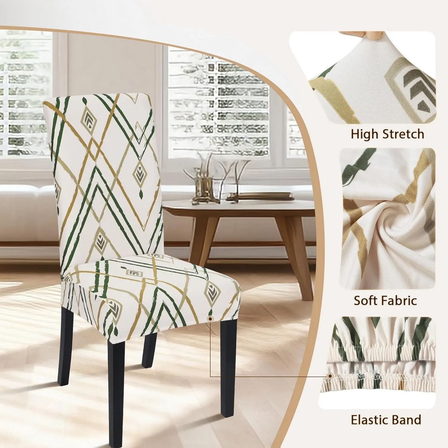 SearchI Dining Room Chair Covers Set of 4, Stretch Printed Kitchen Chair Slipcovers Removable Washable Parsons Chair Covers Protector for Dining Room, Hotel, Ceremony (Beige-Green Stripe)