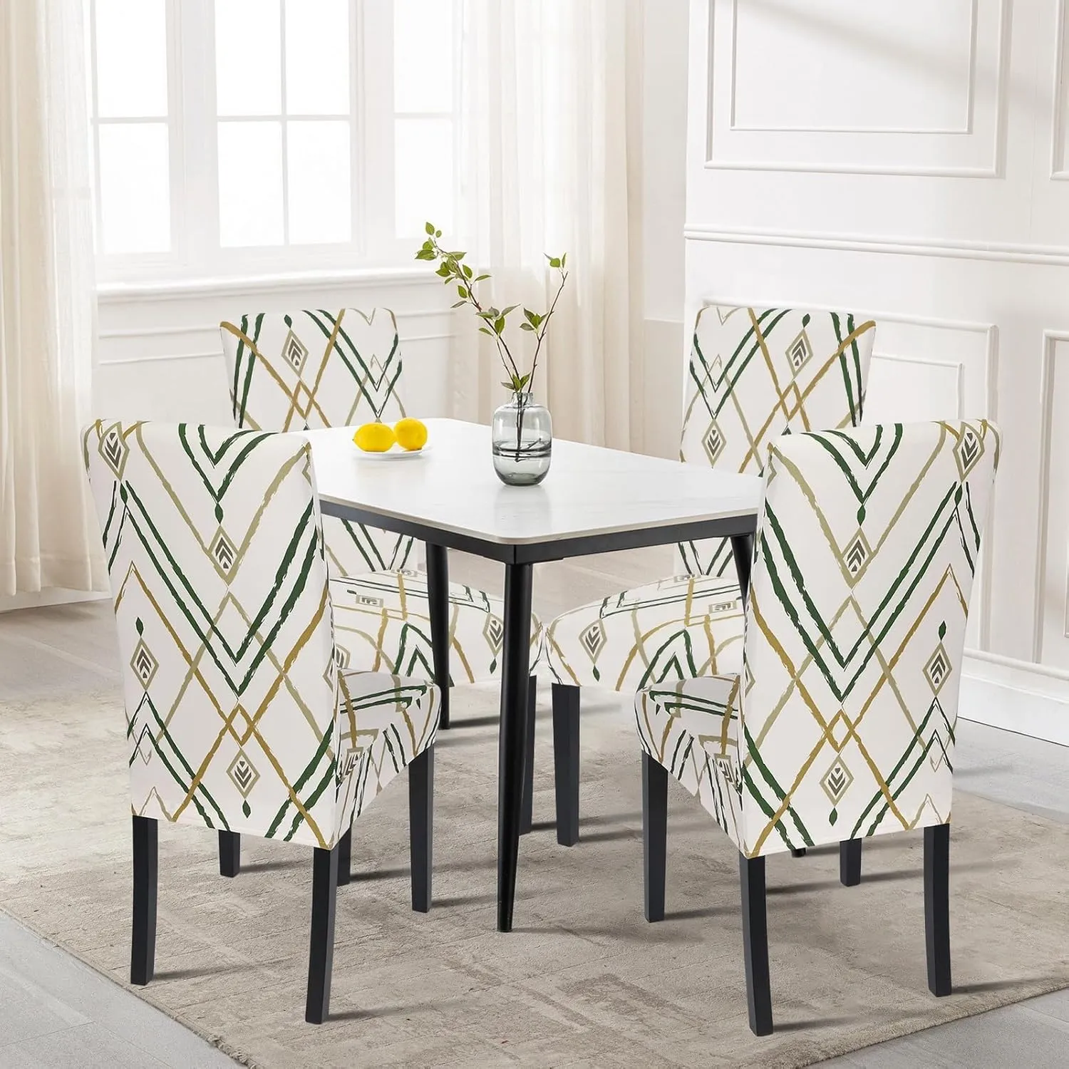 SearchI Dining Room Chair Covers Set of 4, Stretch Printed Kitchen Chair Slipcovers Removable Washable Parsons Chair Covers Protector for Dining Room, Hotel, Ceremony (Beige-Green Stripe)