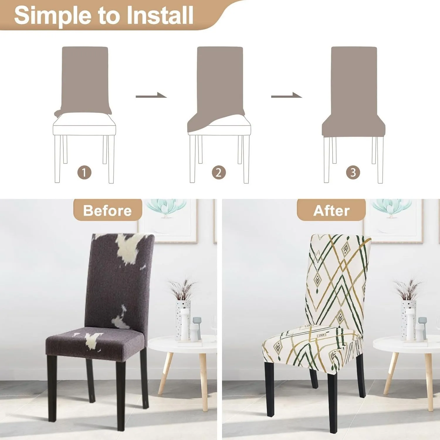 SearchI Dining Room Chair Covers Set of 4, Stretch Printed Kitchen Chair Slipcovers Removable Washable Parsons Chair Covers Protector for Dining Room, Hotel, Ceremony (Beige-Green Stripe)