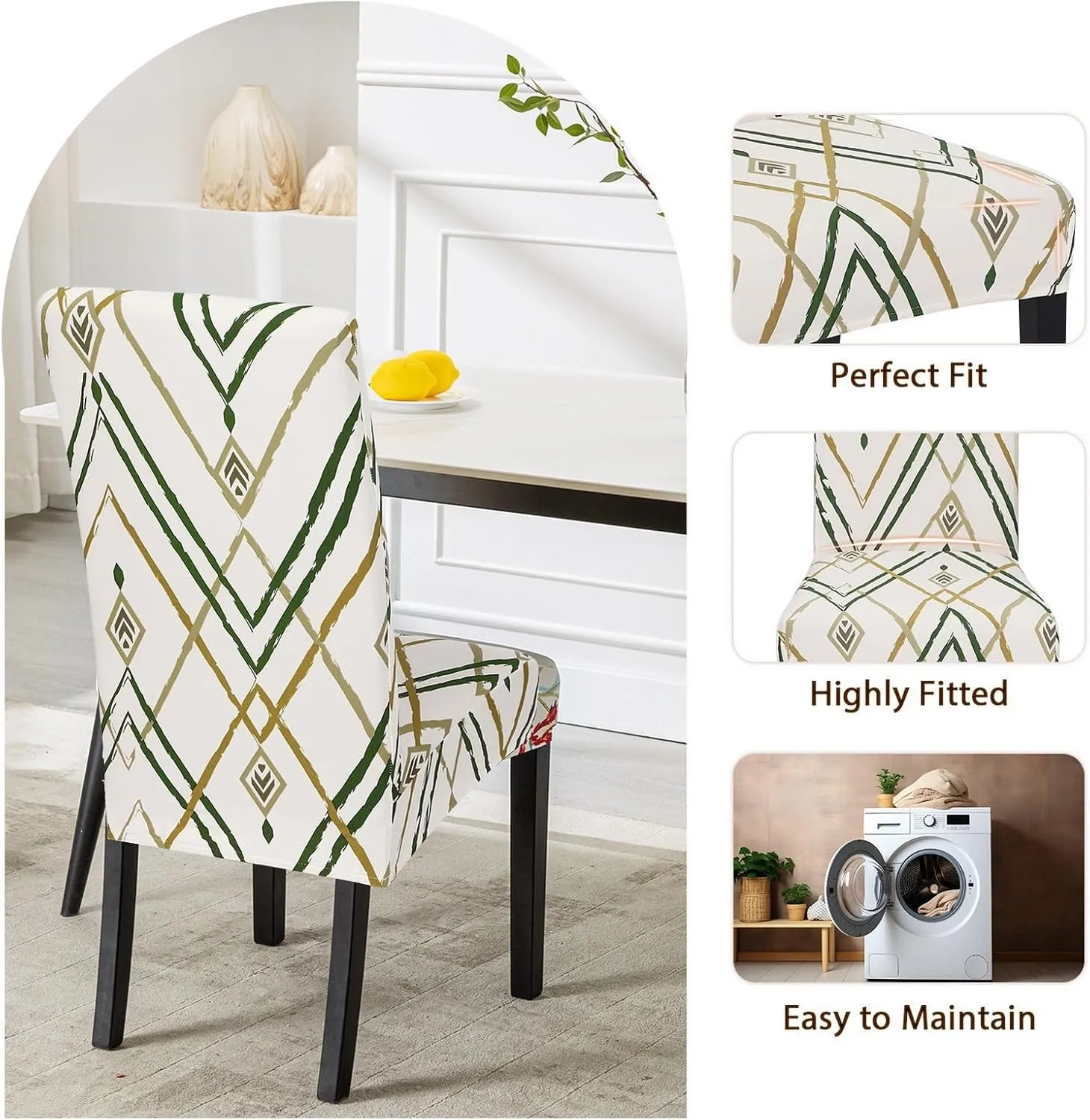 SearchI Dining Room Chair Covers Set of 4, Stretch Printed Kitchen Chair Slipcovers Removable Washable Parsons Chair Covers Protector for Dining Room, Hotel, Ceremony (Beige-Green Stripe)