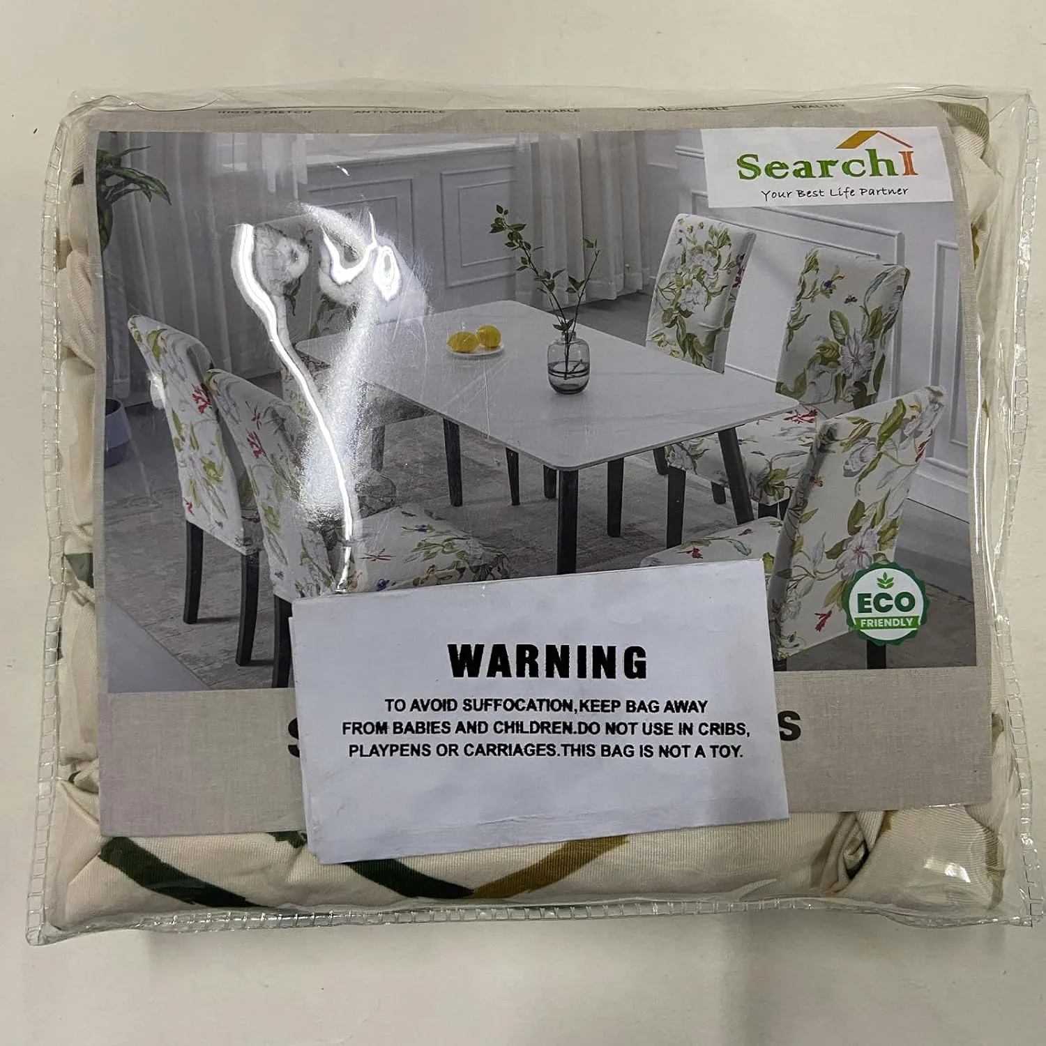 SearchI Dining Room Chair Covers Set of 4, Stretch Printed Kitchen Chair Slipcovers Removable Washable Parsons Chair Covers Protector for Dining Room, Hotel, Ceremony (Beige-Green Stripe)
