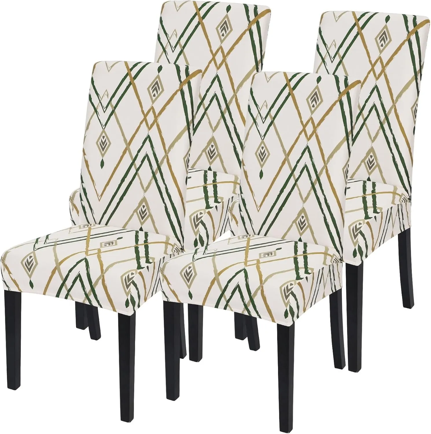 SearchI Dining Room Chair Covers Set of 4, Stretch Printed Kitchen Chair Slipcovers Removable Washable Parsons Chair Covers Protector for Dining Room, Hotel, Ceremony (Beige-Green Stripe)