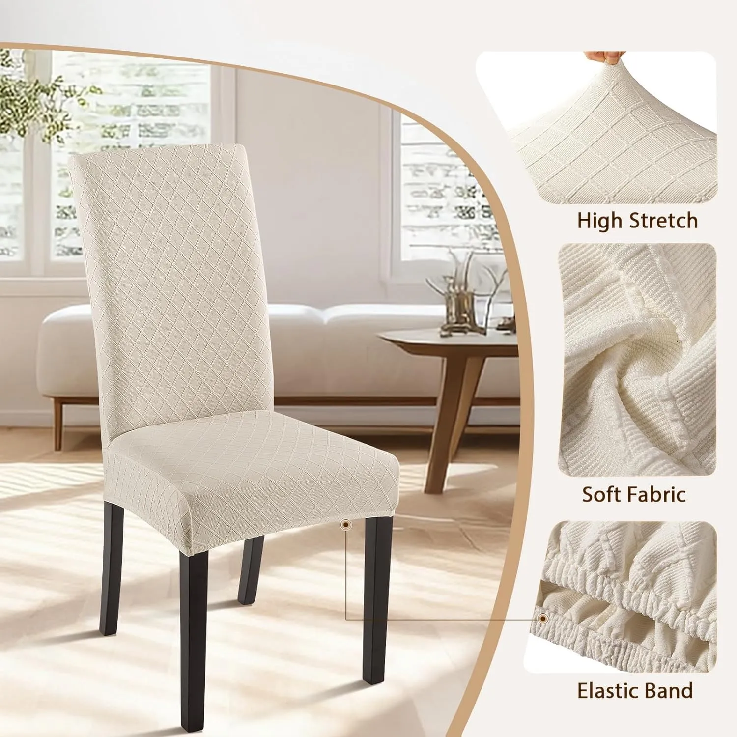 SearchI Dining Room Chair Covers Set of 6, Stretch Jacquard Parsons Chair Slipcovers Super Fit Removable Washable Kitchen Chair Protector Cover for Dining Room, Hotel, Ceremony (Beige Rhombus)