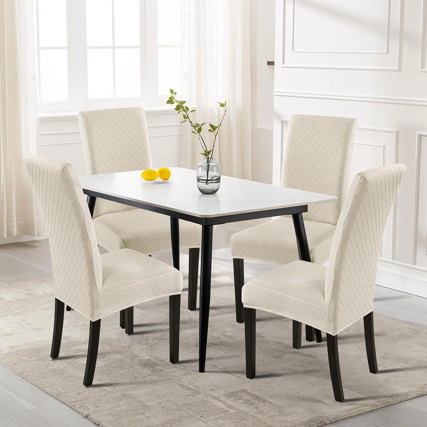 SearchI Dining Room Chair Covers Set of 6, Stretch Jacquard Parsons Chair Slipcovers Super Fit Removable Washable Kitchen Chair Protector Cover for Dining Room, Hotel, Ceremony (Beige Rhombus)