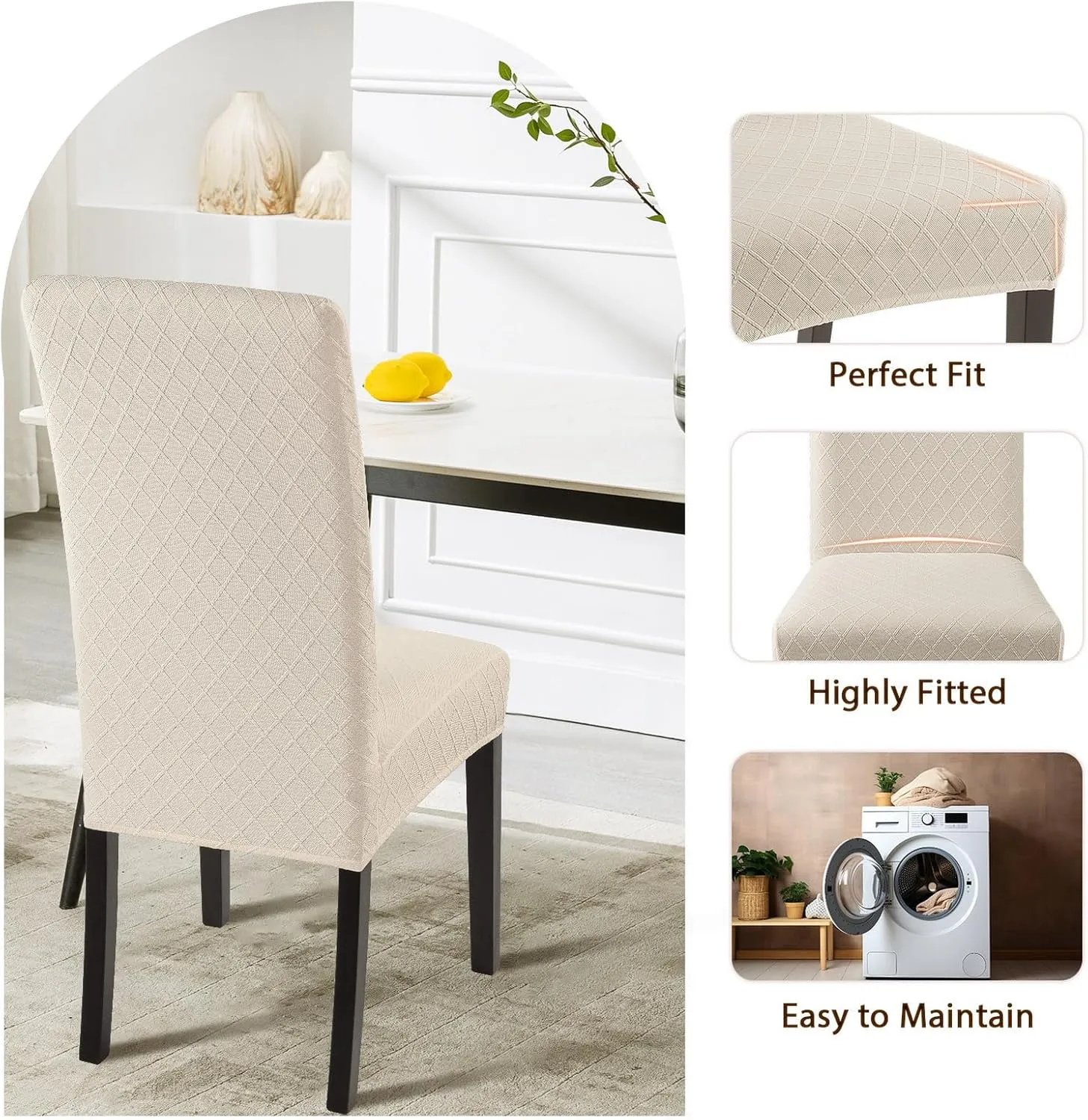 SearchI Dining Room Chair Covers Set of 6, Stretch Jacquard Parsons Chair Slipcovers Super Fit Removable Washable Kitchen Chair Protector Cover for Dining Room, Hotel, Ceremony (Beige Rhombus)