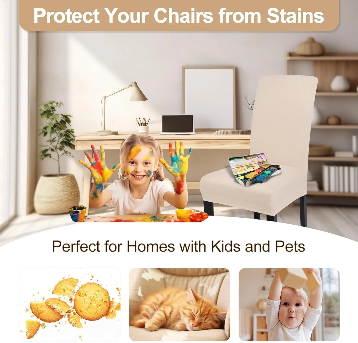 SearchI Dining Room Chair Covers Set of 6, Stretch Parsons Chair Slipcovers Super Fit Spandex Removable Washable Kitchen Chair Protector Cover for Dining Room, Hotel, Ceremony (Beige-Yellow)