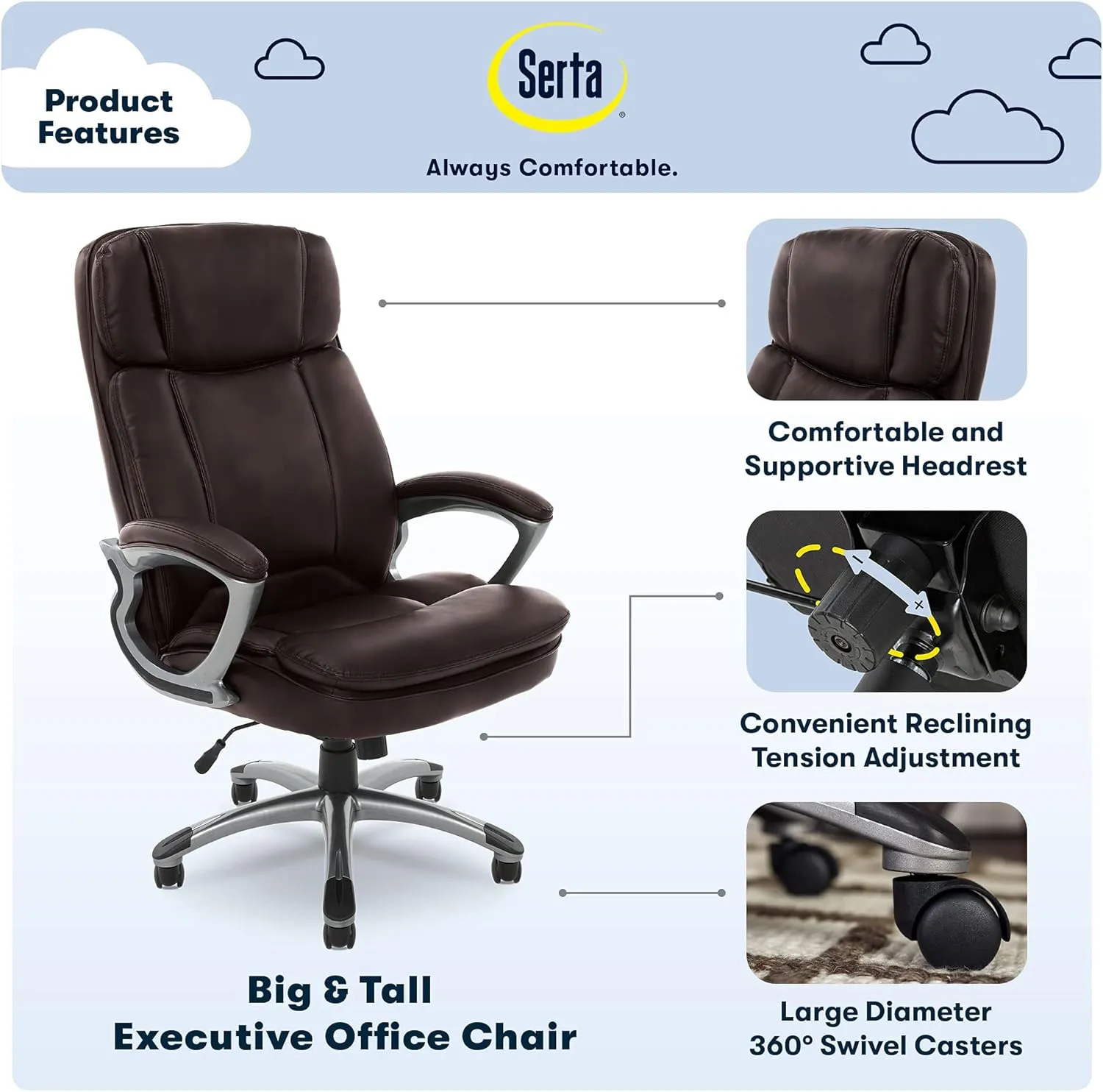 Serta Fairbanks Big and Tall High Back Executive Office Chair, Ergonomic Gaming Computer Chair with Layered Body Pillows, Contoured Lumbar Zone, Brown