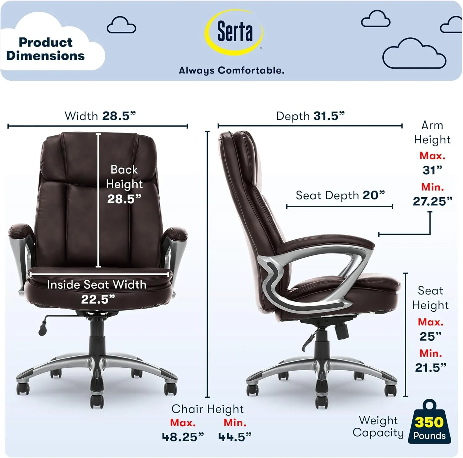 Serta Fairbanks Big and Tall High Back Executive Office Chair, Ergonomic Gaming Computer Chair with Layered Body Pillows, Contoured Lumbar Zone, Brown