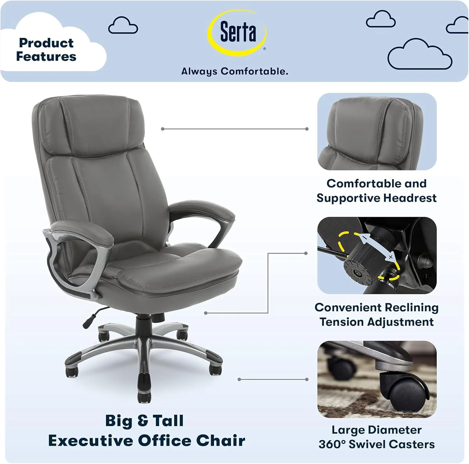 Serta Fairbanks Big and Tall High Back Executive Office Chair, Ergonomic Gaming Computer Chair with Layered Body Pillows, Contoured Lumbar Zone, Gray