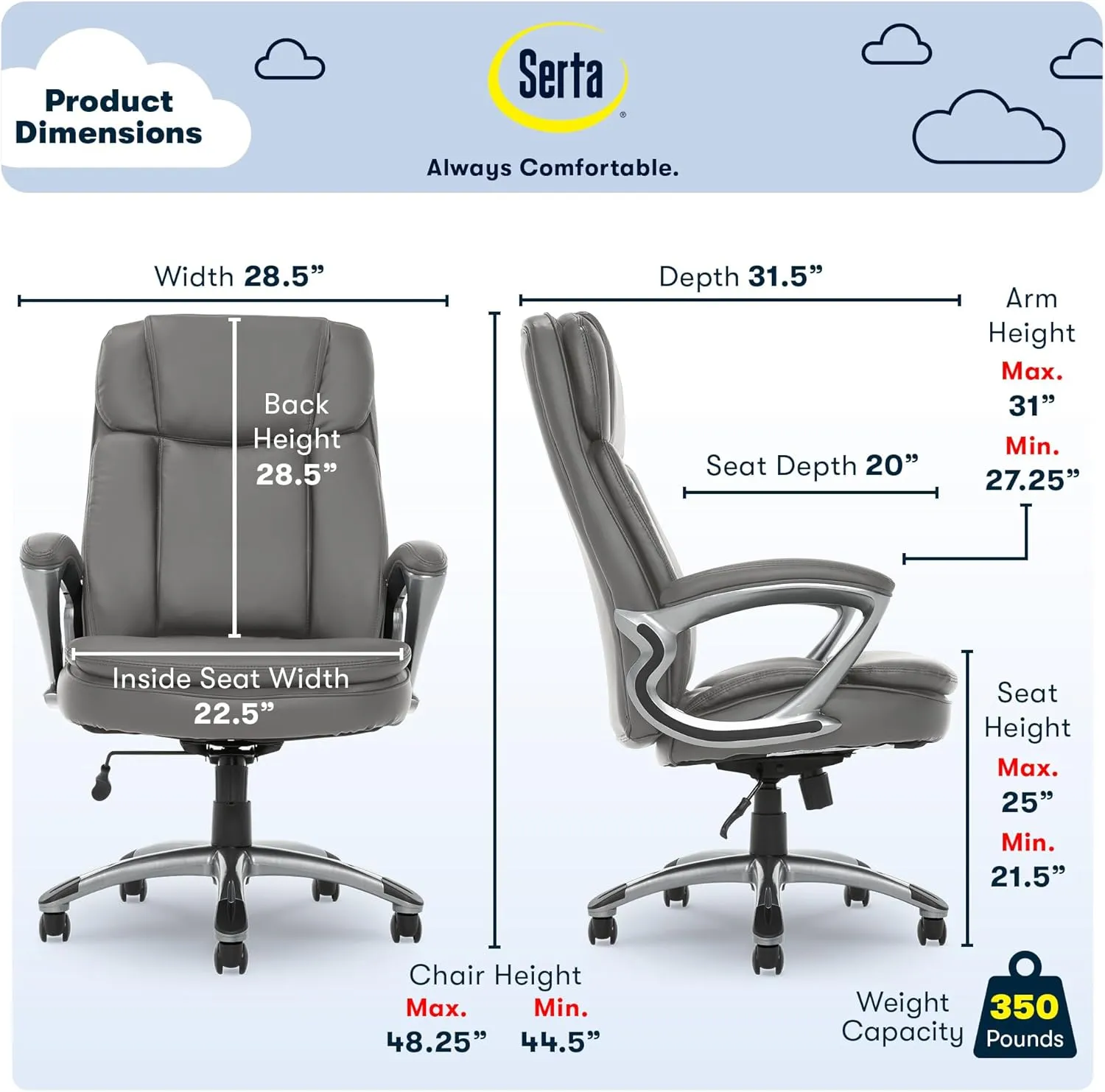 Serta Fairbanks Big and Tall High Back Executive Office Chair, Ergonomic Gaming Computer Chair with Layered Body Pillows, Contoured Lumbar Zone, Gray
