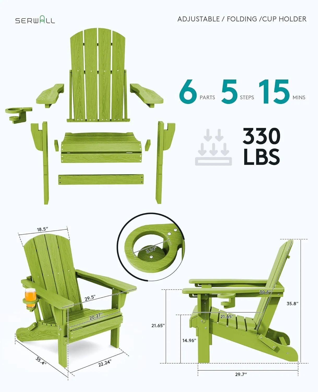 SERWALL Adjustable Folding Adirondack Chair, Reclining Adirondack Chair with Cup Holder, Apple