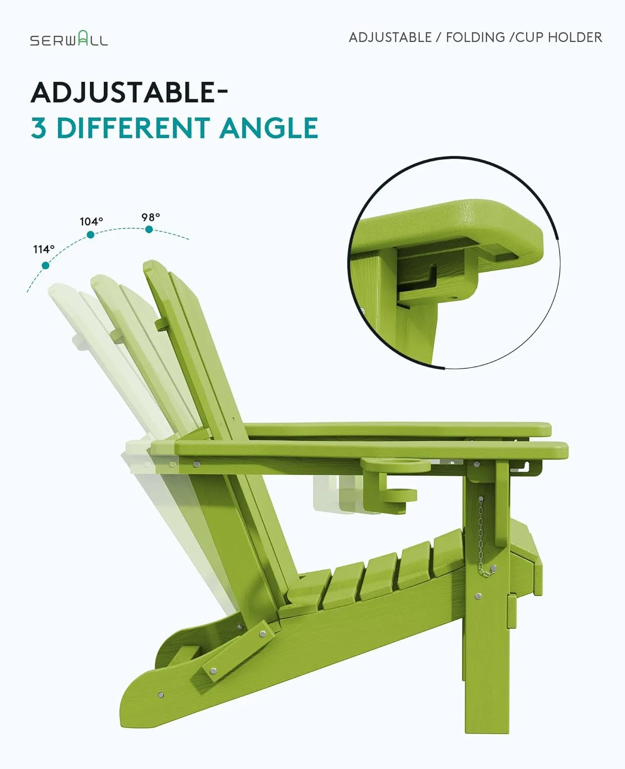 SERWALL Adjustable Folding Adirondack Chair, Reclining Adirondack Chair with Cup Holder, Apple