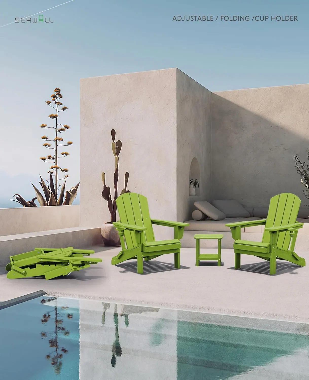 SERWALL Adjustable Folding Adirondack Chair, Reclining Adirondack Chair with Cup Holder, Apple