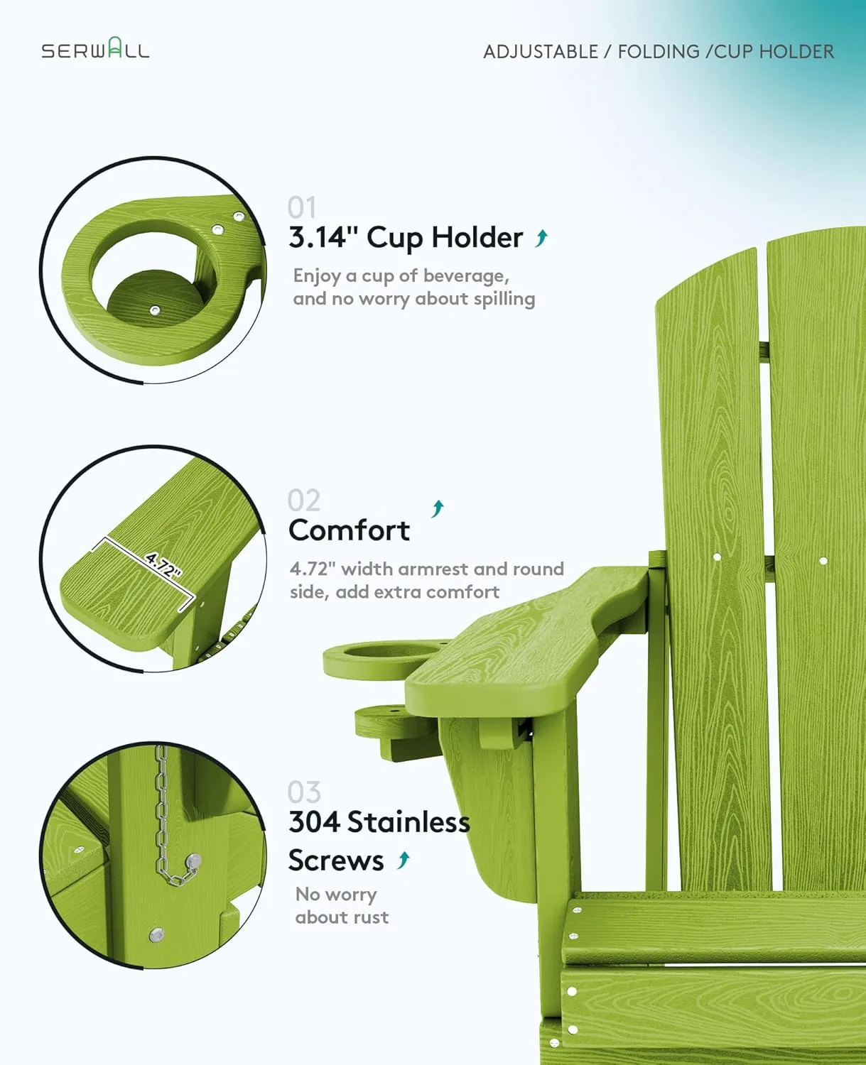 SERWALL Adjustable Folding Adirondack Chair, Reclining Adirondack Chair with Cup Holder, Apple
