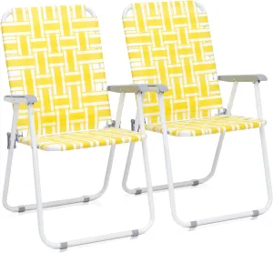Set of 2 Folding Patio Lawn Chairs, Modern Yellow PP Braided Beach Chairs, High Back Seat, Portable Camping Chairs for Yard, Garden, Beach, Fishing