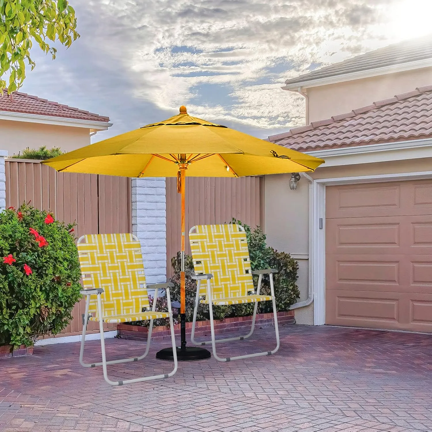 Set of 2 Folding Patio Lawn Chairs, Modern Yellow PP Braided Beach Chairs, High Back Seat, Portable Camping Chairs for Yard, Garden, Beach, Fishing