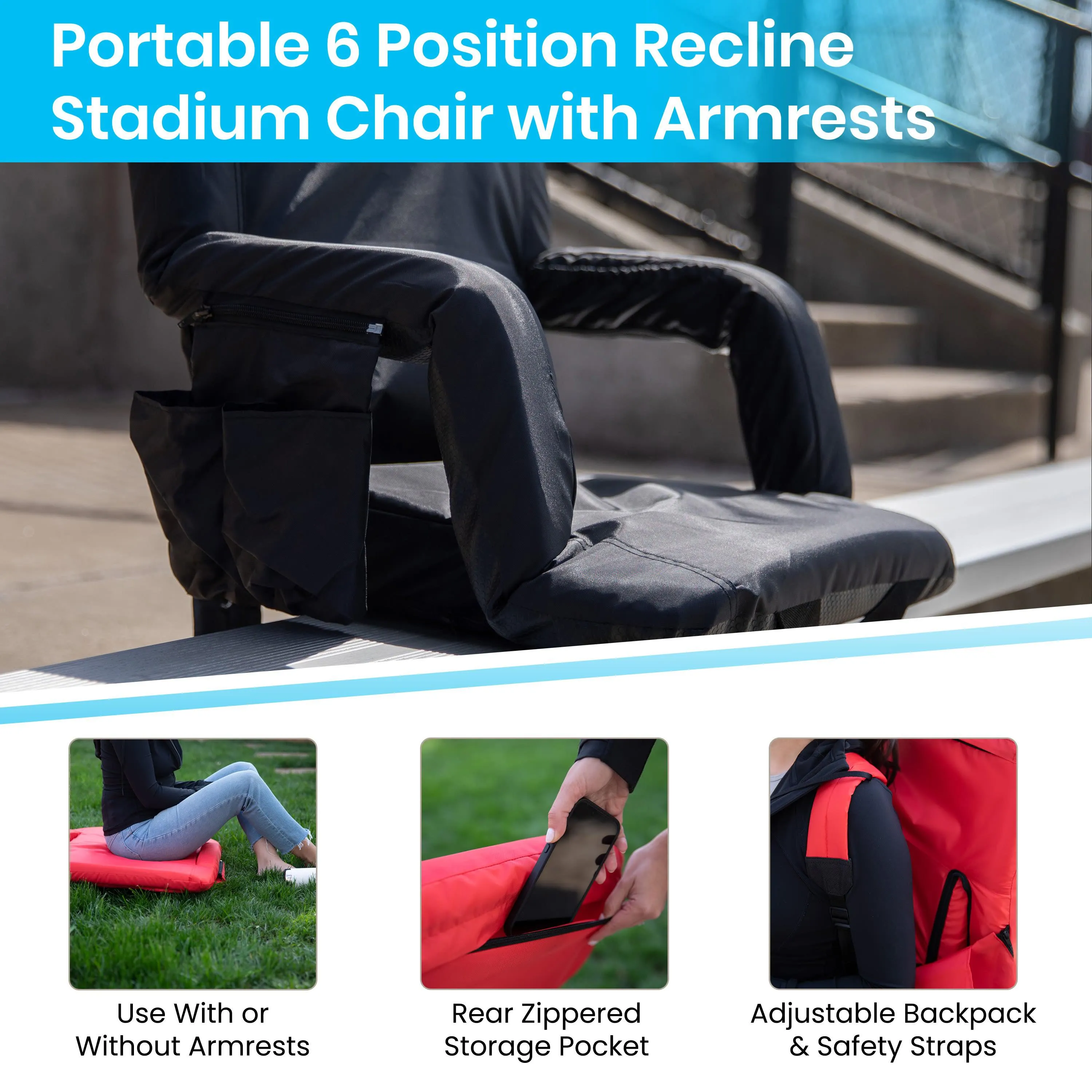 Set of 2 Portable Lightweight Reclining Stadium Chairs with Armrests, Padded Back & Seat - Storage Pockets & Backpack Straps