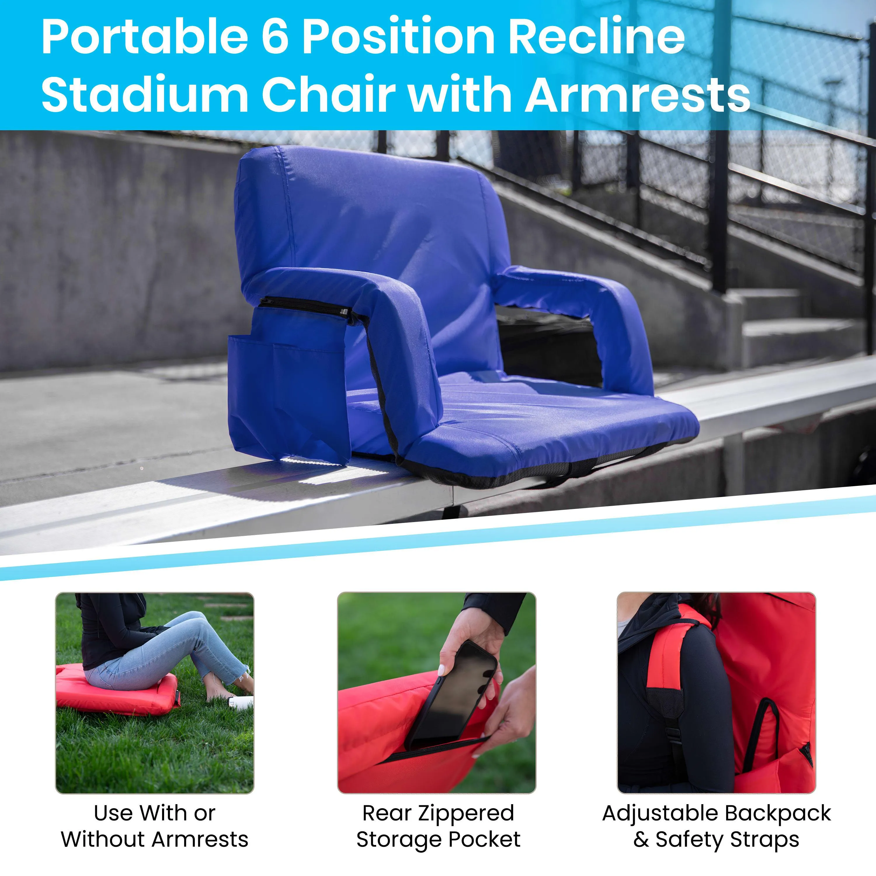 Set of 2 Portable Lightweight Reclining Stadium Chairs with Armrests, Padded Back & Seat - Storage Pockets & Backpack Straps