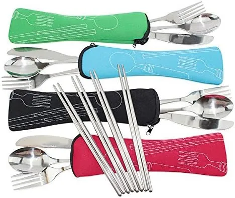 Set of 4 / 4 Piece Stainless Steel(Knife, Fork, Spoon, Chopsticks)Lightweight Portable Tableware,Camping/Travel/Office Lunch Cutlery Set with Carrying Cases