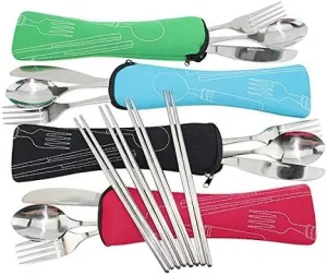 Set of 4 / 4 Piece Stainless Steel(Knife, Fork, Spoon, Chopsticks)Lightweight Portable Tableware,Camping/Travel/Office Lunch Cutlery Set with Carrying Cases