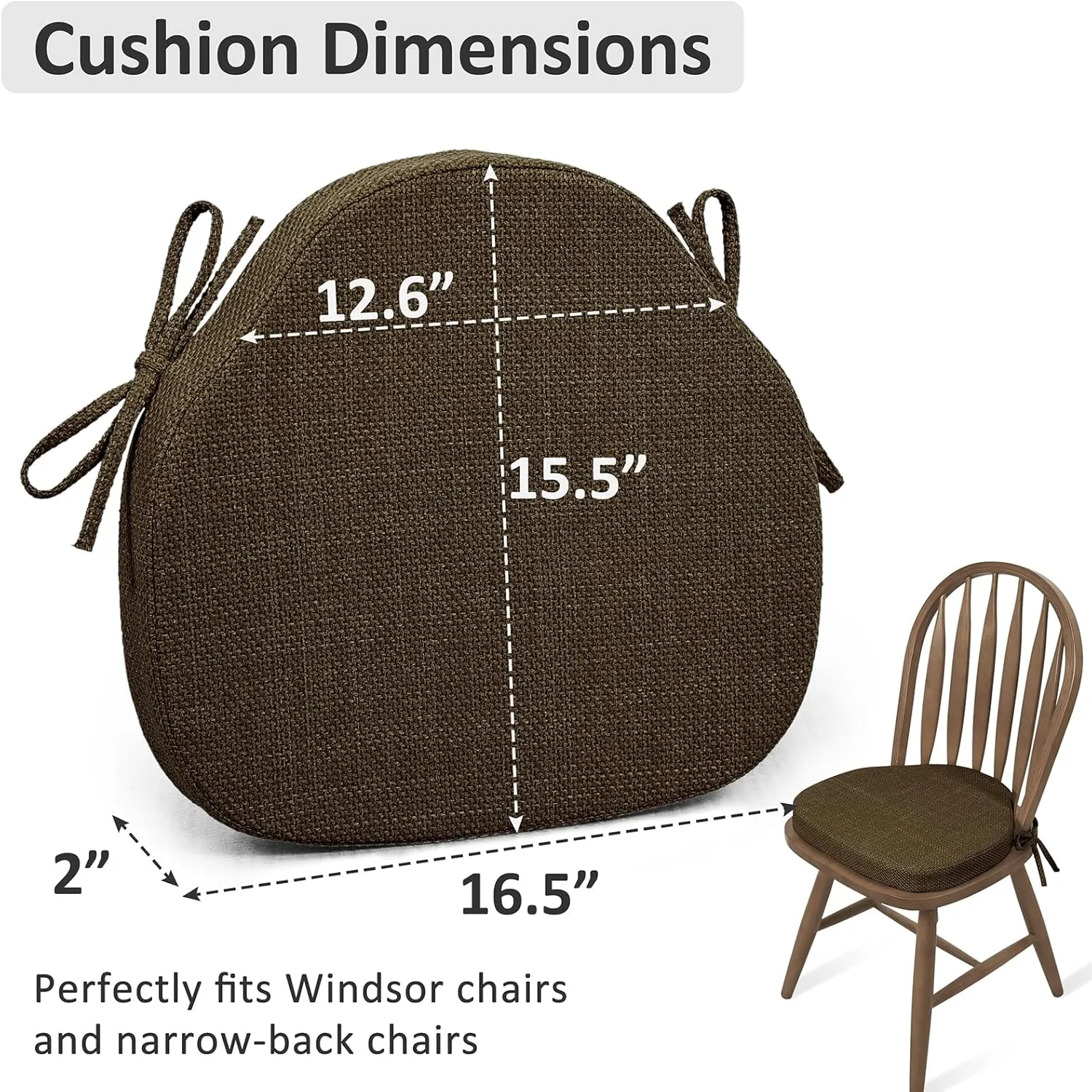 Shinnwa Dining Chair Cushions Set of 4, High-Resilience Foam Windsor Seat Pads, Kitchen Chair Cushions with Ties & Textured Cover, 4 Pack, 16.5 x 15.5 x 2, Dark Brown