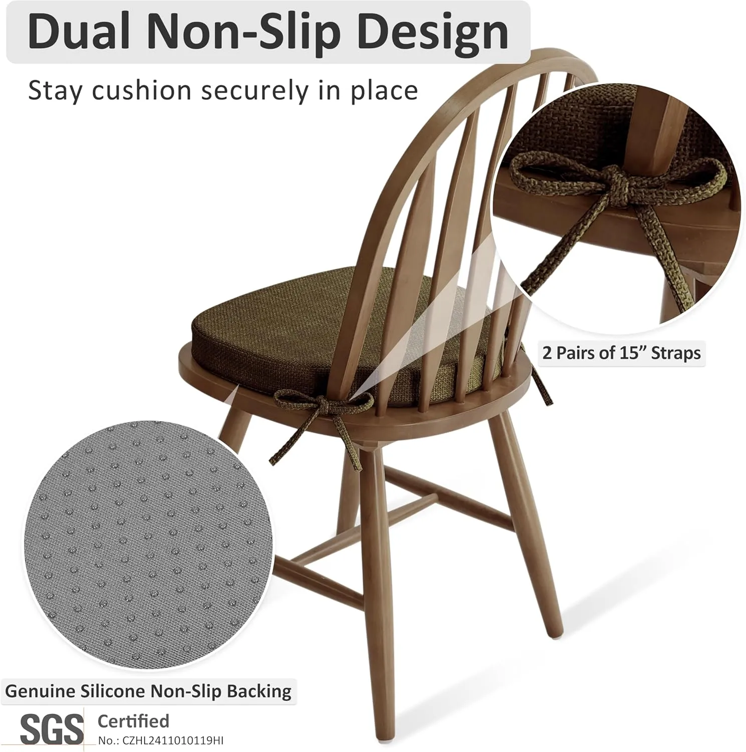 Shinnwa Dining Chair Cushions Set of 4, High-Resilience Foam Windsor Seat Pads, Kitchen Chair Cushions with Ties & Textured Cover, 4 Pack, 16.5 x 15.5 x 2, Dark Brown