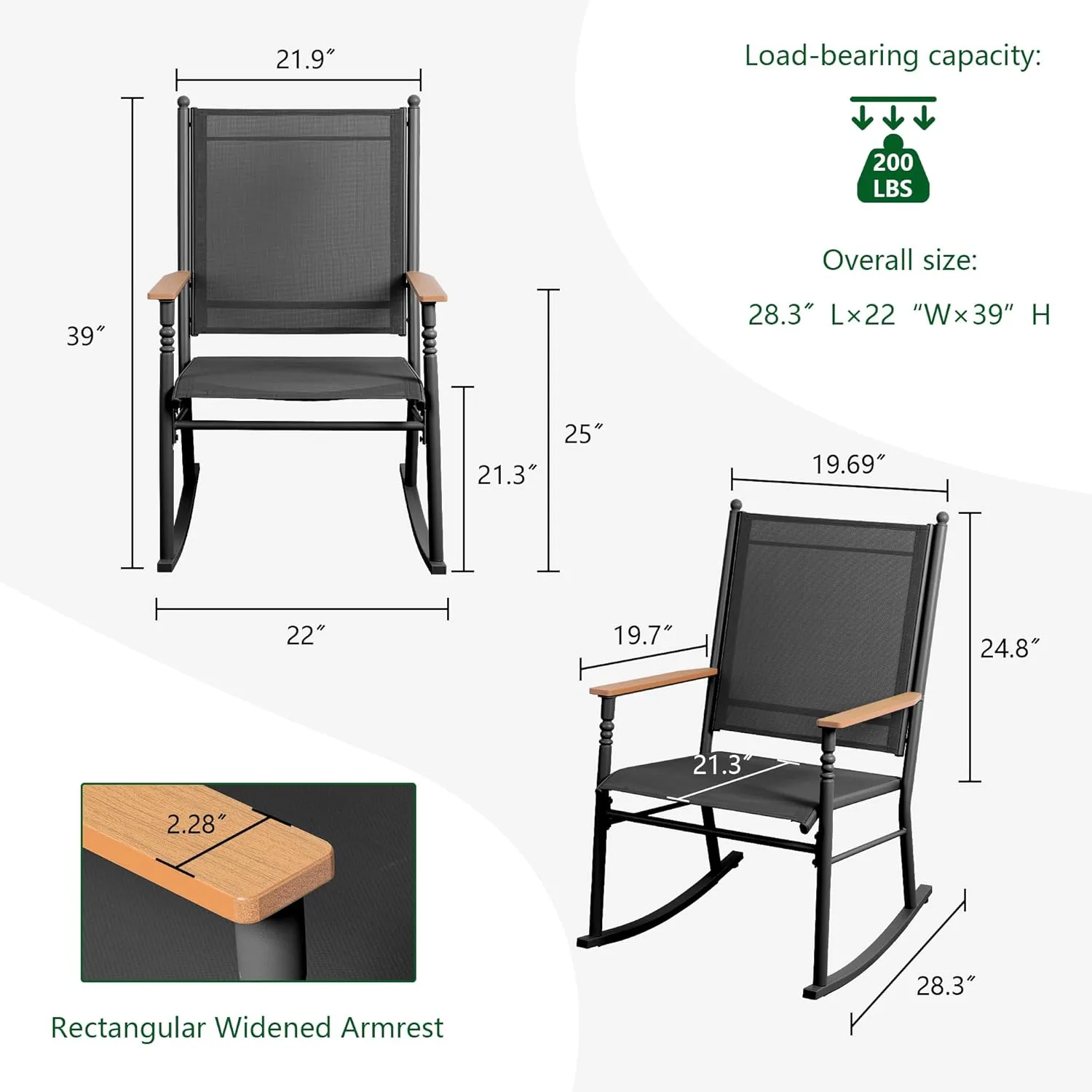 Shintenchi 2 Pieces Outdoor Rocking Chair Set,Upgraded Patio Set with High Back,Breathable Fabric Chairs Outdoor Textilene Rocking Chair for Patio, Garden, Balcony, Pool, Black