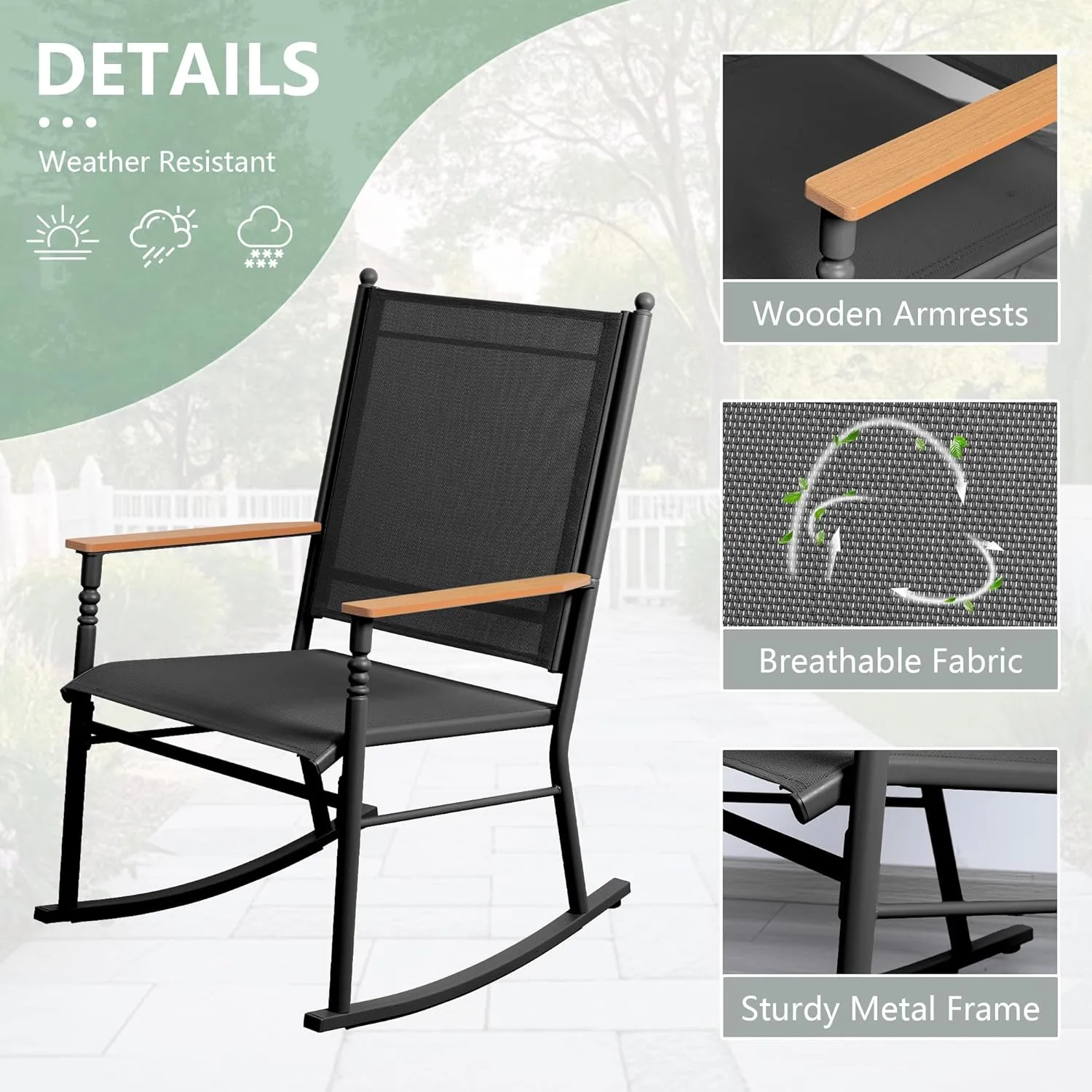Shintenchi 2 Pieces Outdoor Rocking Chair Set,Upgraded Patio Set with High Back,Breathable Fabric Chairs Outdoor Textilene Rocking Chair for Patio, Garden, Balcony, Pool, Black