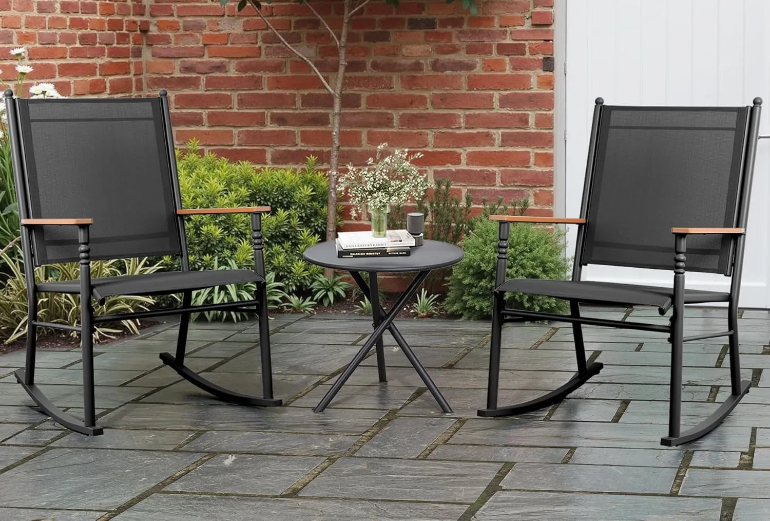 Shintenchi 2 Pieces Outdoor Rocking Chair Set,Upgraded Patio Set with High Back,Breathable Fabric Chairs Outdoor Textilene Rocking Chair for Patio, Garden, Balcony, Pool, Black