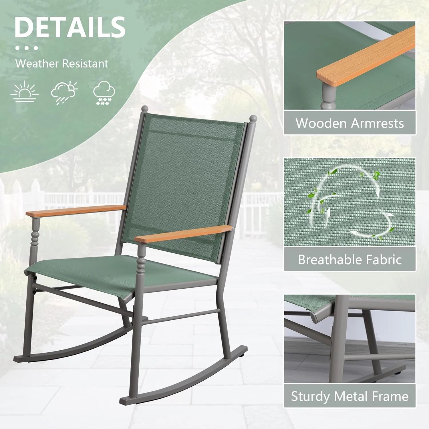 Shintenchi 2 Pieces Outdoor Rocking Chair Set,Upgraded Patio Set with High Back,Breathable Fabric Chairs Outdoor Textilene Rocking Chair for Patio, Garden, Balcony, Pool, Green