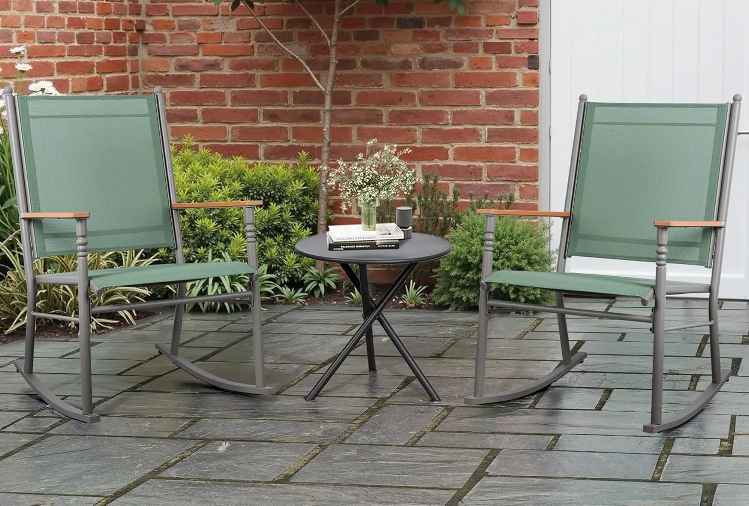 Shintenchi 2 Pieces Outdoor Rocking Chair Set,Upgraded Patio Set with High Back,Breathable Fabric Chairs Outdoor Textilene Rocking Chair for Patio, Garden, Balcony, Pool, Green