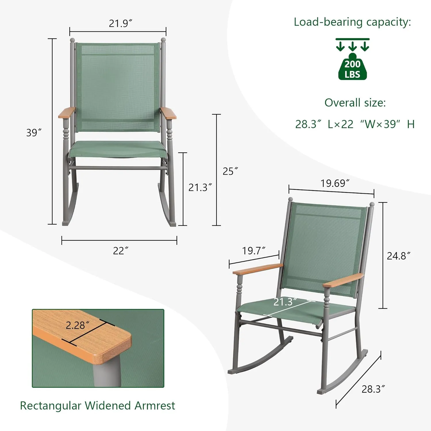 Shintenchi 2 Pieces Outdoor Rocking Chair Set,Upgraded Patio Set with High Back,Breathable Fabric Chairs Outdoor Textilene Rocking Chair for Patio, Garden, Balcony, Pool, Green