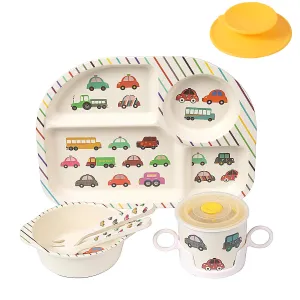 shopwithgreen 7Pcs/Set Bamboo Kids Dinnerware Set - Children Dishes - Food Plate Bowl Cup Spoon Fork Set Dishware, Cartoon Tableware, Dishwasher Safe Kids Healthy Mealtime, BPA Free