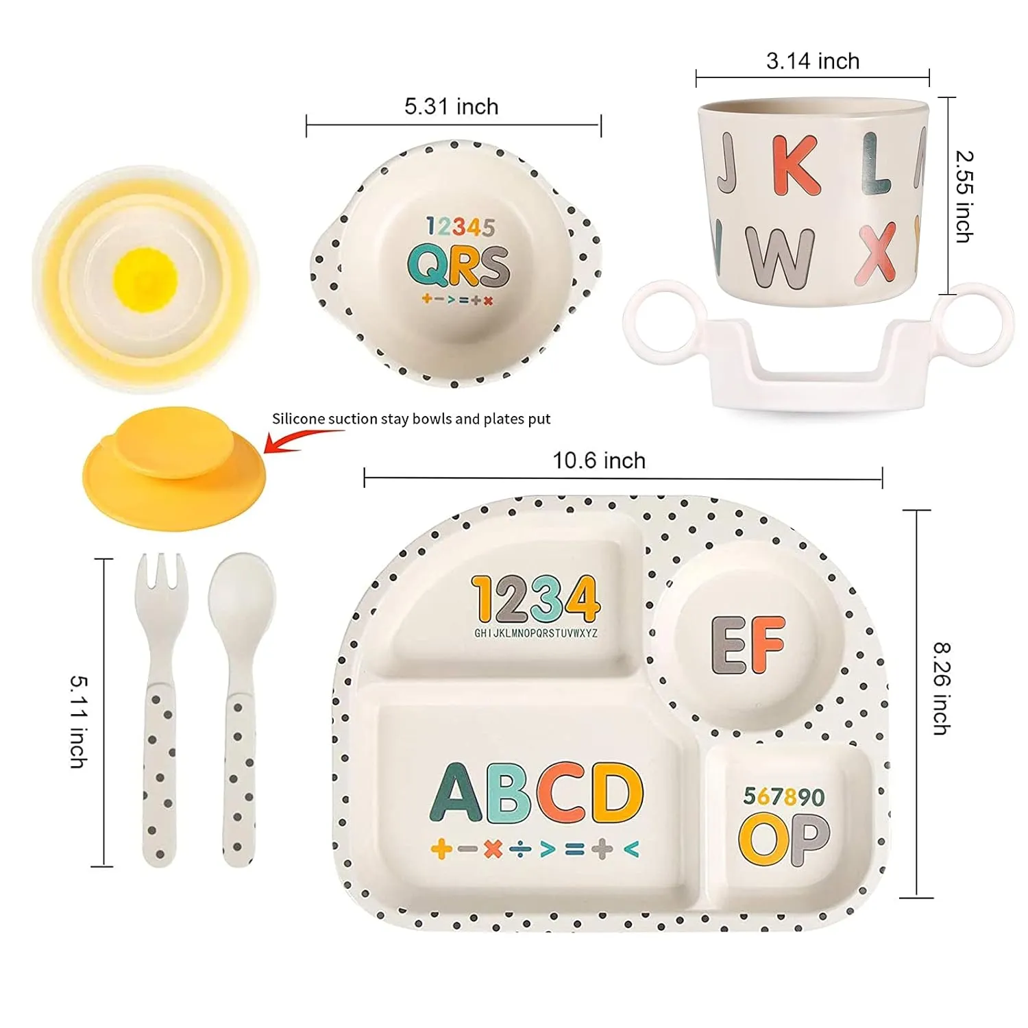 shopwithgreen 7Pcs/Set Bamboo Kids Dinnerware Set - Children Dishes - Food Plate Bowl Cup Spoon Fork Set Dishware, Cartoon Tableware, Dishwasher Safe Kids Healthy Mealtime, BPA Free