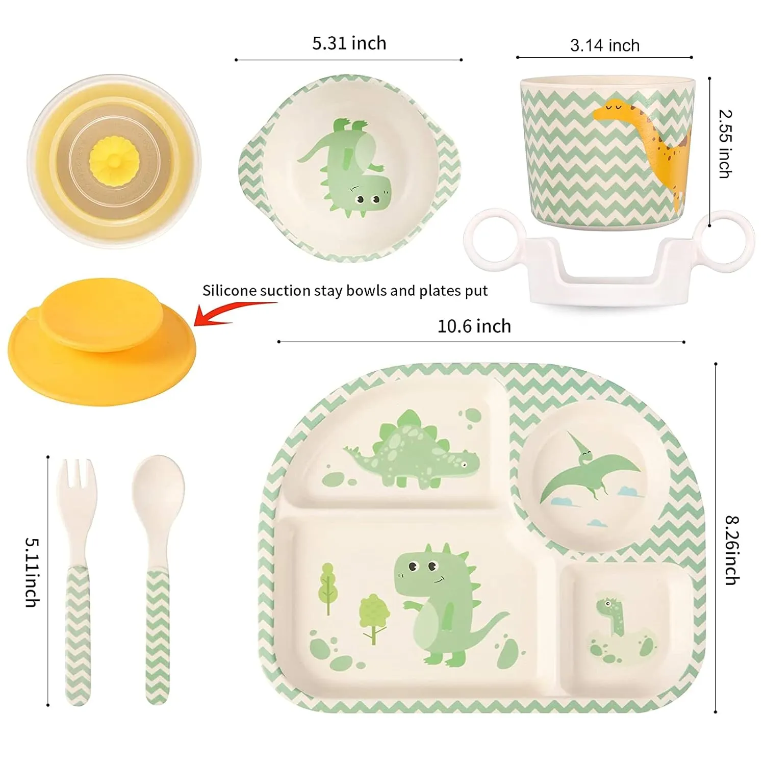 shopwithgreen 7Pcs/Set Bamboo Kids Dinnerware Set - Children Dishes - Food Plate Bowl Cup Spoon Fork Set Dishware, Cartoon Tableware, Dishwasher Safe Kids Healthy Mealtime, BPA Free