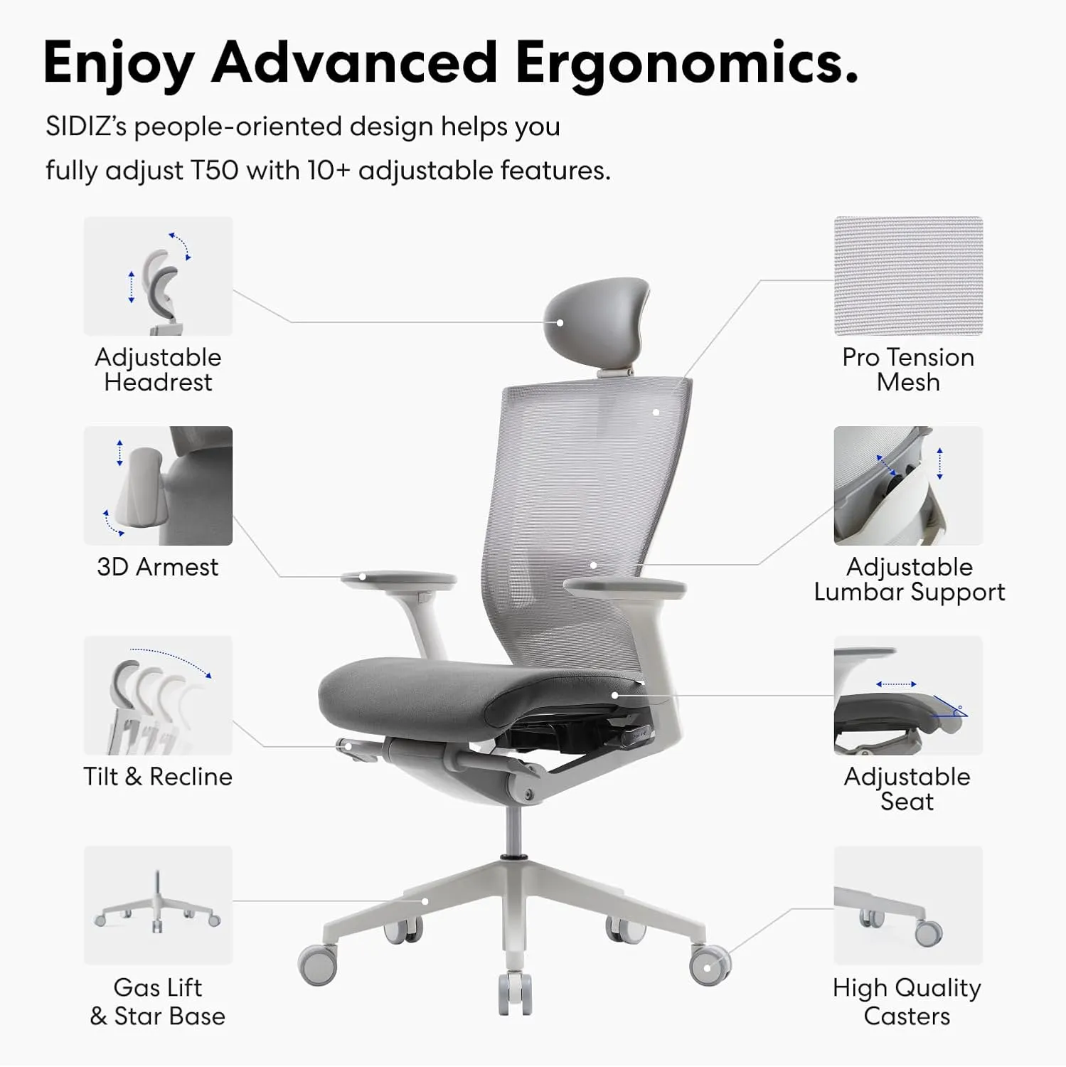 SIDIZ T50 Ergonomic Home Office Chair : High Performance, Adjustable Headrest, Lumbar Support, 3D Armrest, Forward Tilt, Adjustable Seat Depth, Ventilated Mesh Back, Cushion Seat (Gray)