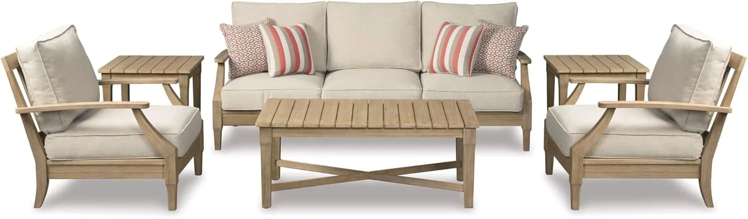Signature Design by Ashley Carter Hall Outdoor Eucalyptus Patio Lounge Chair with Cushion, Beige