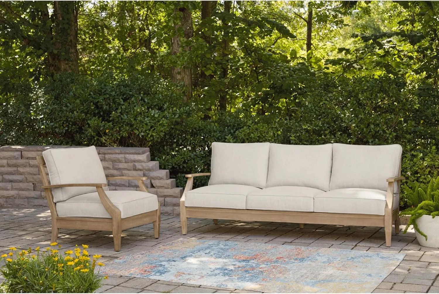 Signature Design by Ashley Carter Hall Outdoor Eucalyptus Patio Lounge Chair with Cushion, Beige