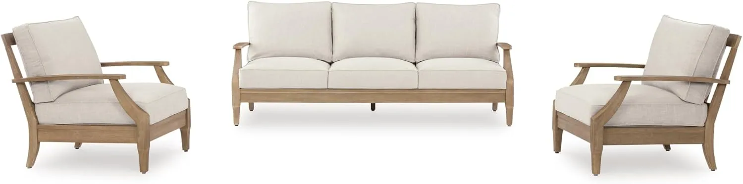 Signature Design by Ashley Carter Hall Outdoor Eucalyptus Patio Lounge Chair with Cushion, Beige
