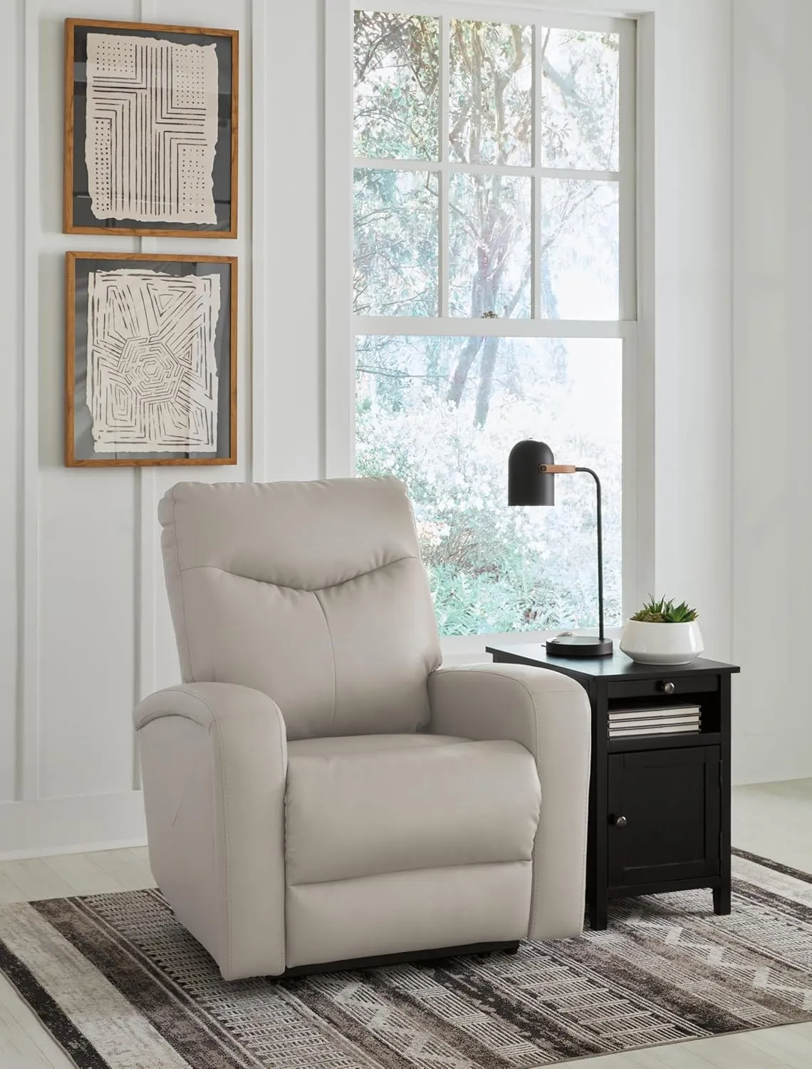 Signature Design by Ashley Ryversans Contemporary Faux Leather Wall Hugger Power Recliner with Adjustable Headrest with USB Ports, Light Gray