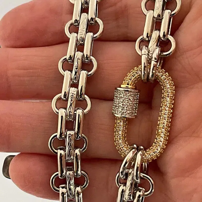 Silver Carabiner Necklace-Chunky Multilink Chain-Textured Chain