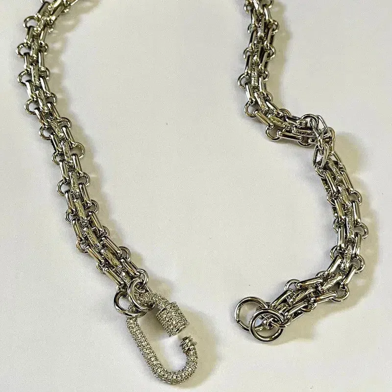 Silver Carabiner Necklace-Chunky Multilink Chain-Textured Chain