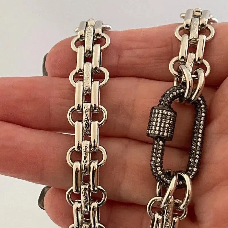 Silver Carabiner Necklace-Chunky Multilink Chain-Textured Chain