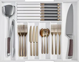 Silverware Drawer Organizer Bamboo Knife Organizer Drawer Insert Expandable Utensil Holder for Kitchen Drawer Flatware Holder W12.8-20.2" x L16 x H2 (White)