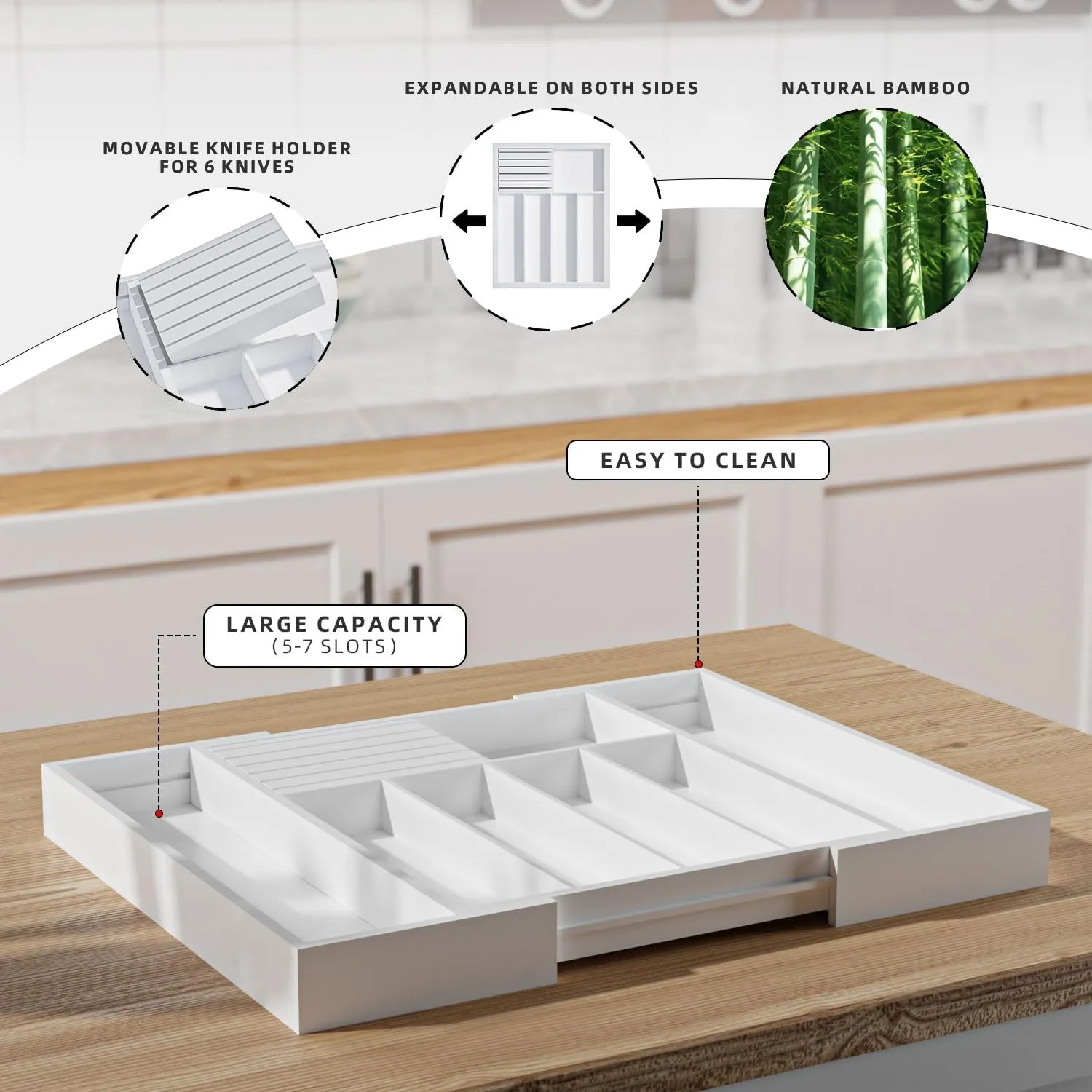Silverware Drawer Organizer Bamboo Knife Organizer Drawer Insert Expandable Utensil Holder for Kitchen Drawer Flatware Holder W12.8-20.2" x L16 x H2 (White)