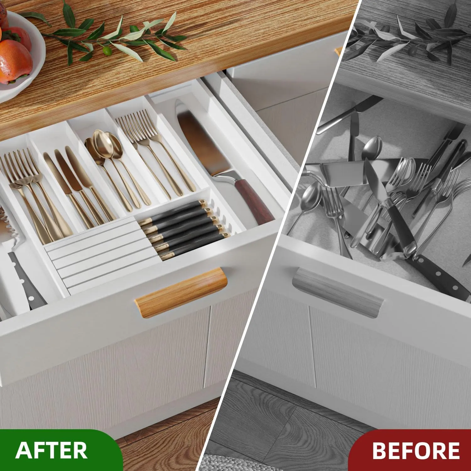 Silverware Drawer Organizer Bamboo Knife Organizer Drawer Insert Expandable Utensil Holder for Kitchen Drawer Flatware Holder W12.8-20.2" x L16 x H2 (White)