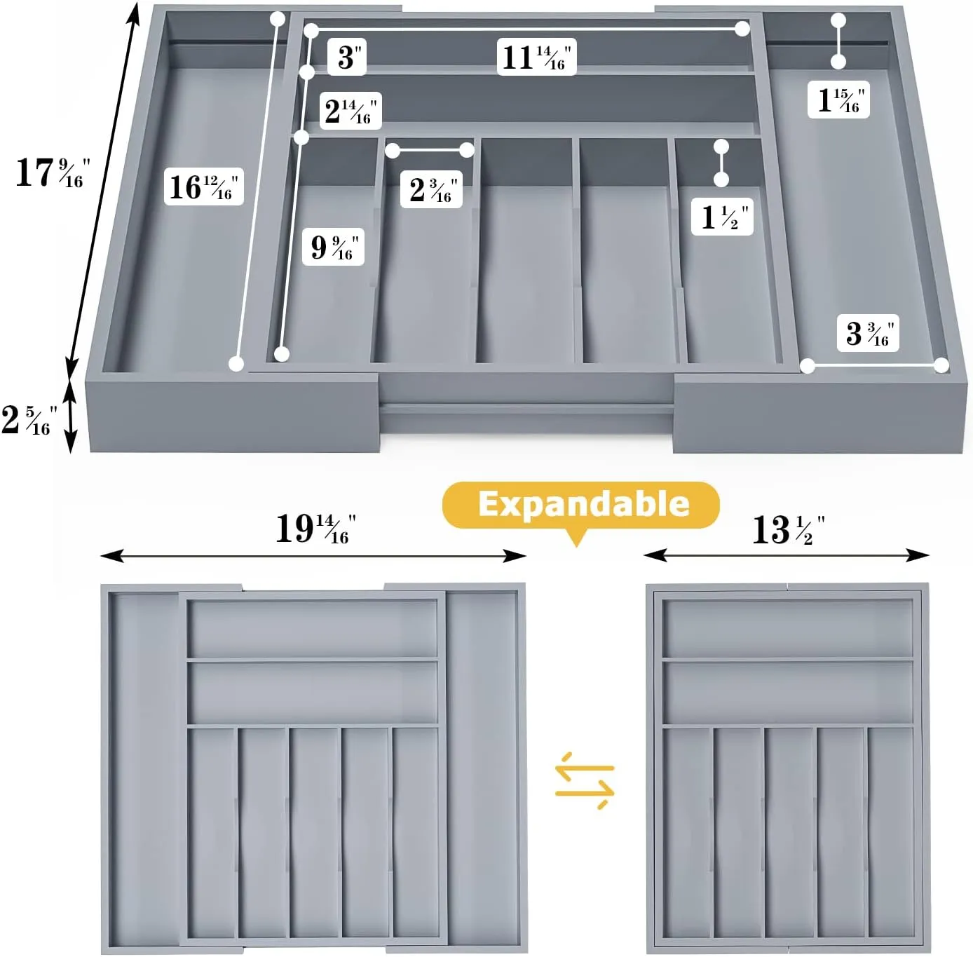 Silverware Organizer Utensil Drawer Organizer - Bamboo Cutlery Organizer Kitchen Drawer Organizer for Silverware, Utensils, Cutlery, Flatware, Knives W13.5-19.9" x L17.6 (Grey)