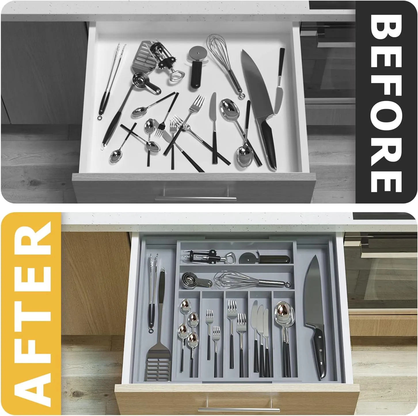 Silverware Organizer Utensil Drawer Organizer - Bamboo Cutlery Organizer Kitchen Drawer Organizer for Silverware, Utensils, Cutlery, Flatware, Knives W13.5-19.9" x L17.6 (Grey)