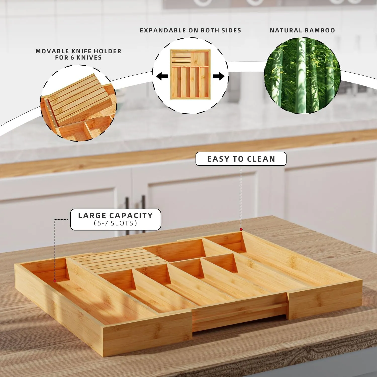 Silverware Organizer with Removable Knife Block - Bamboo Utensil Organizer for Kitchen Drawers Expandable Cutlery Organizer W12.8-20.2" x L16 x H2 (Yellow)