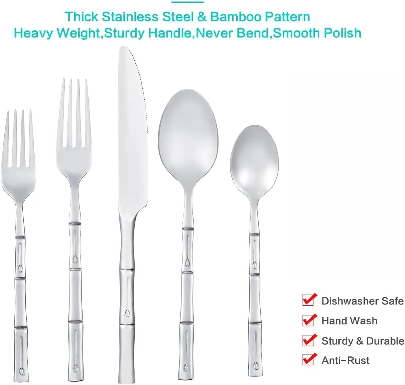 Silverware Set Silver Bamboo Handle Flatware Stainless Steel Heavy Cutlery Set 20 Pieces Mirror Polished Spoons Forks and Knives Service for 4